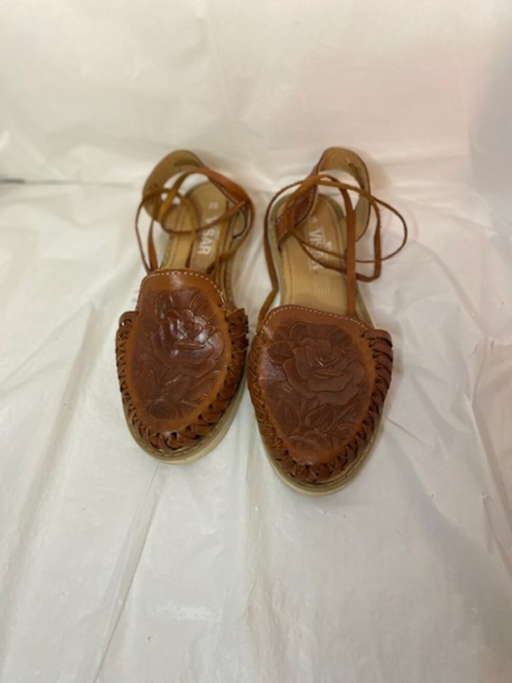 Visar Mexican Leather Huarache Sandals Women's Size 8 Brown Rose Tooled Lace Up